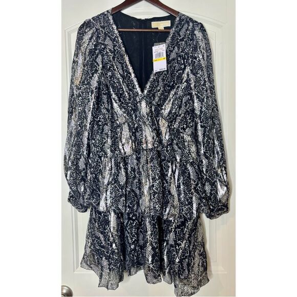 Michael Michael Kors Metallic Snakeskin Tiered Dress Size M | NWT $295 - Picture 5 of 11